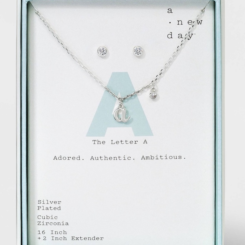 NWT Silver letter A necklace & earring set